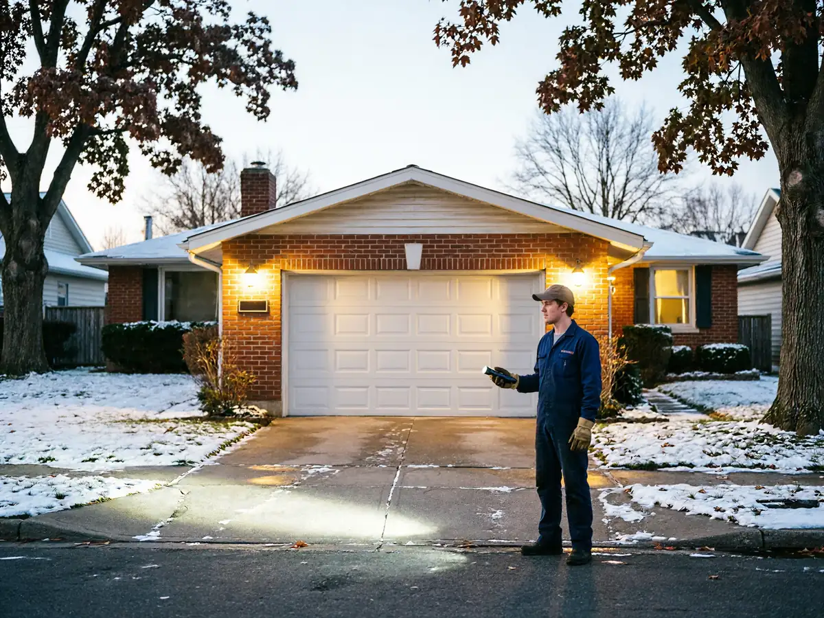 A technician in a blue uniform holds a flashlight in front of a house with a white garage door.