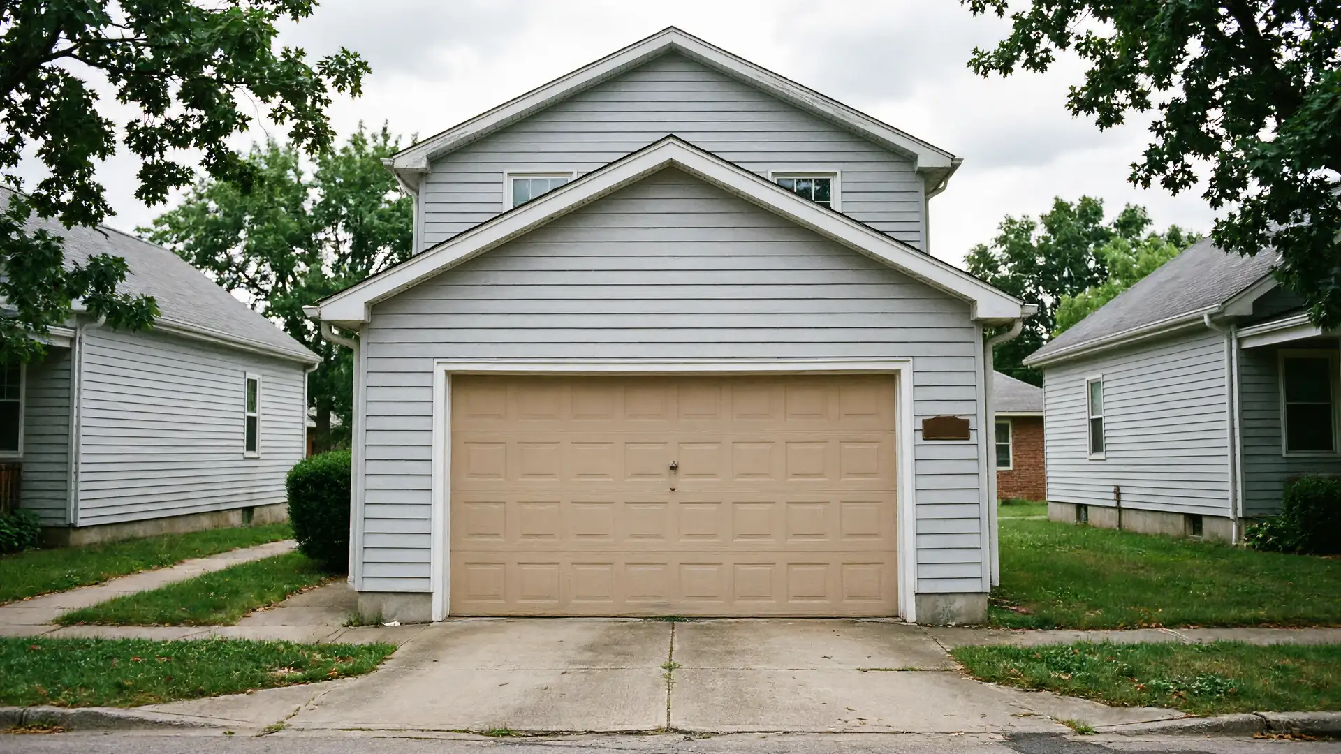 A light brown garage door is on a gray house with a driveway.