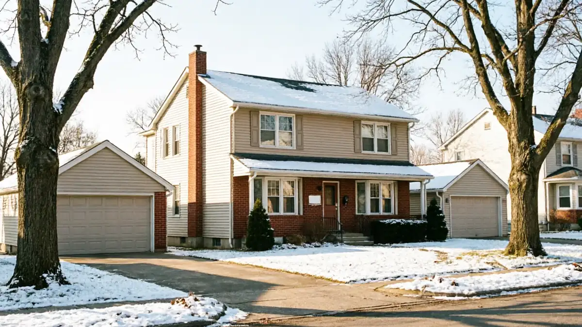 A two-story house with two detached garages and snow on the ground.
