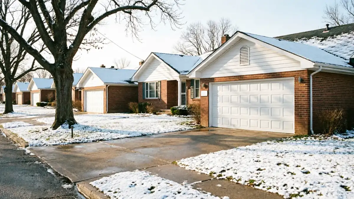 A row of brick houses with white garage doors and snow on the roofs.