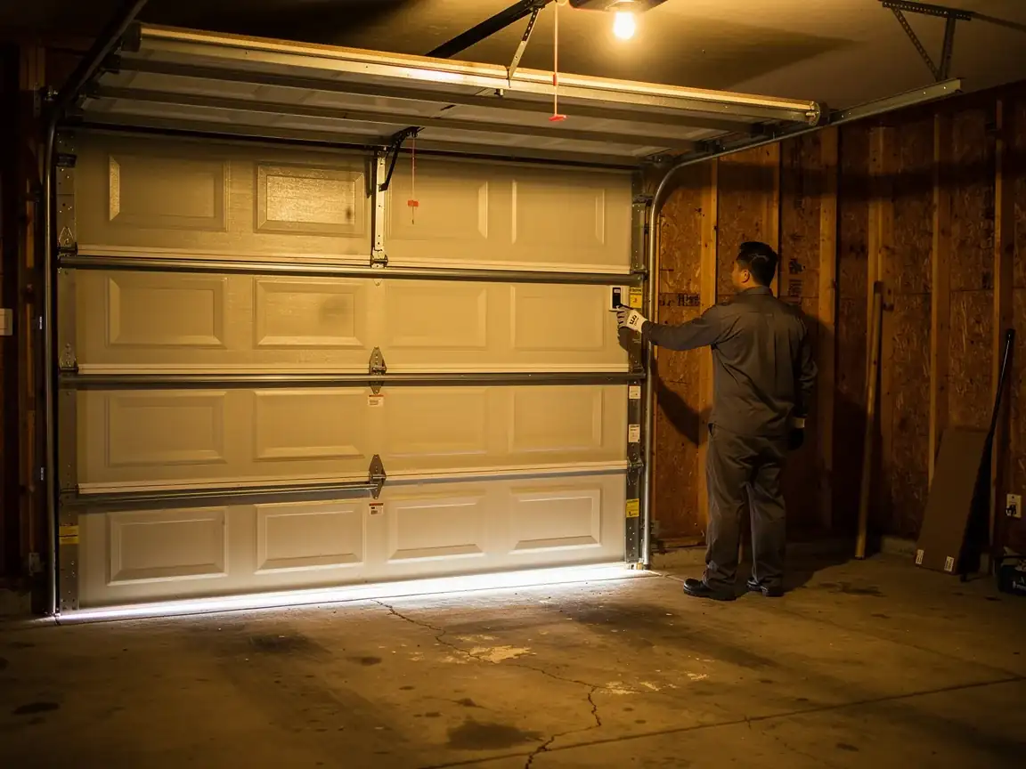 A technician in a gray uniform is inspecting a white garage door.