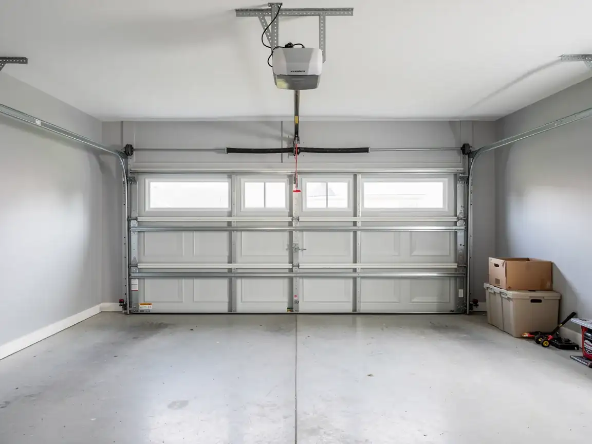 A white garage door with windows is closed in a clean garage.