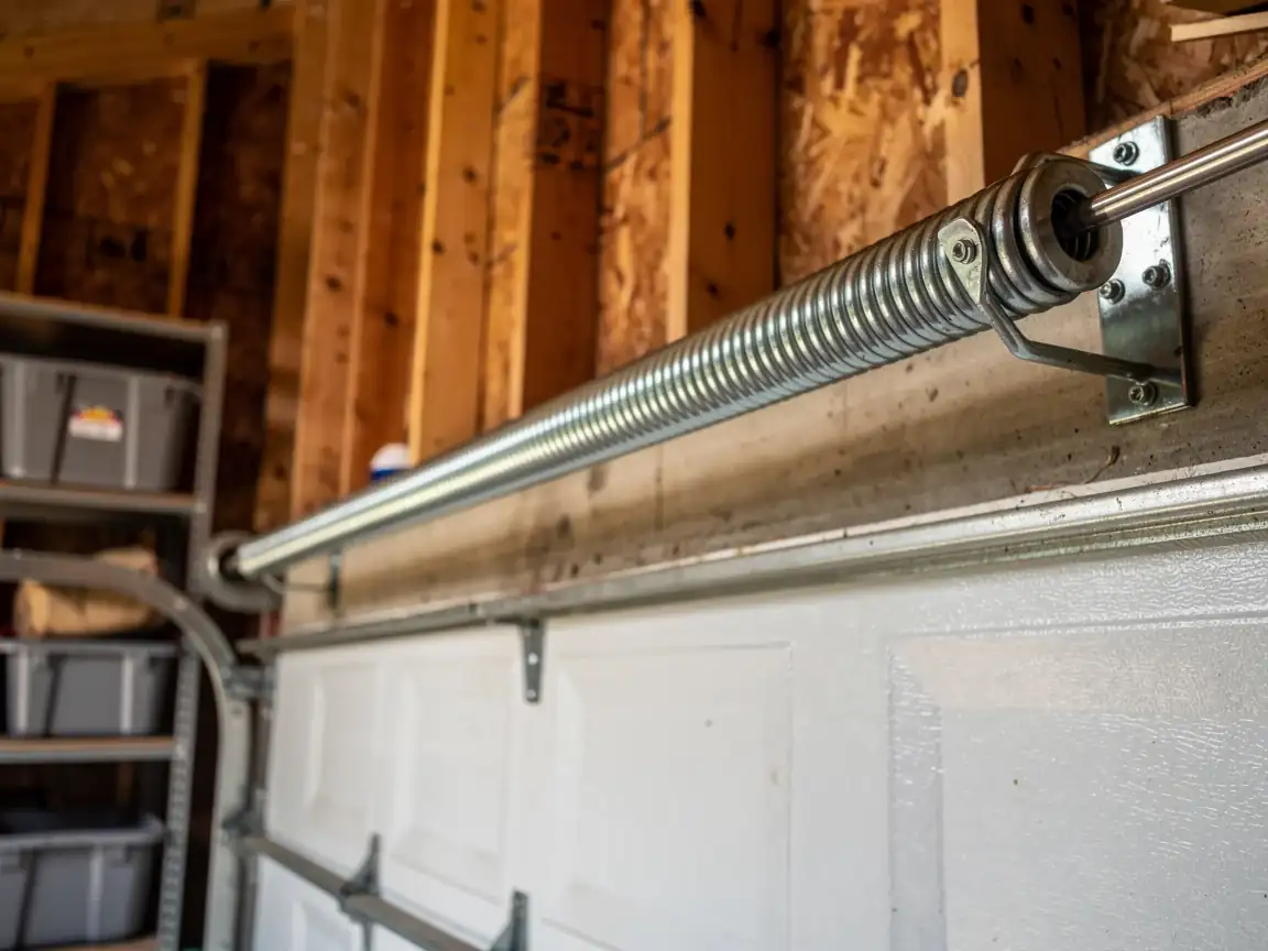 A garage door torsion spring is mounted above a white garage door.