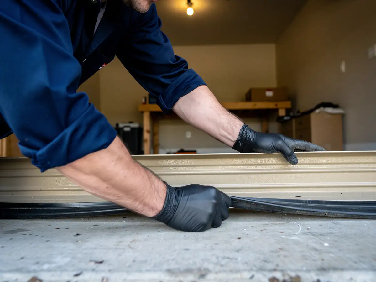 A technician wearing black gloves installs a new seal on the bottom of a garage door.
