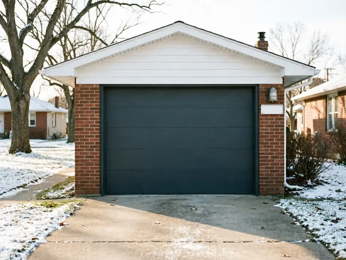 The dark gray garage door is on a brick garage with a white gable.