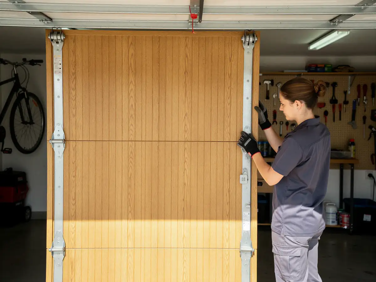 A technician in gloves adjusts a light brown garage door with metal hinges.