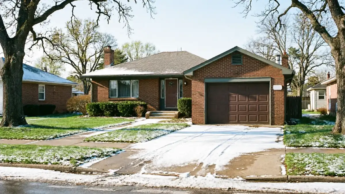 A brick house with a brown garage door and a snow-dusted driveway.