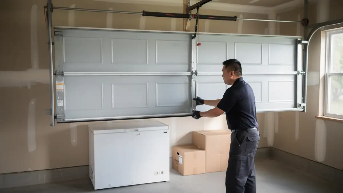 A technician in black gloves adjusts a white garage door inside a garage.