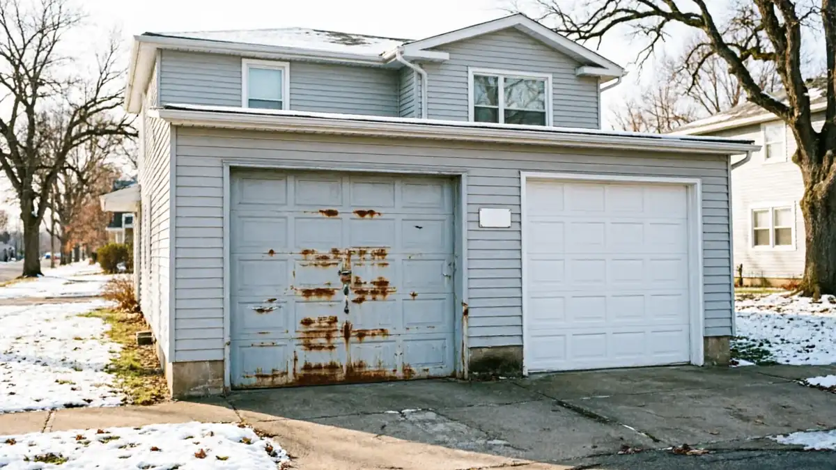 A house has two garage doors, one rusty and one white.
