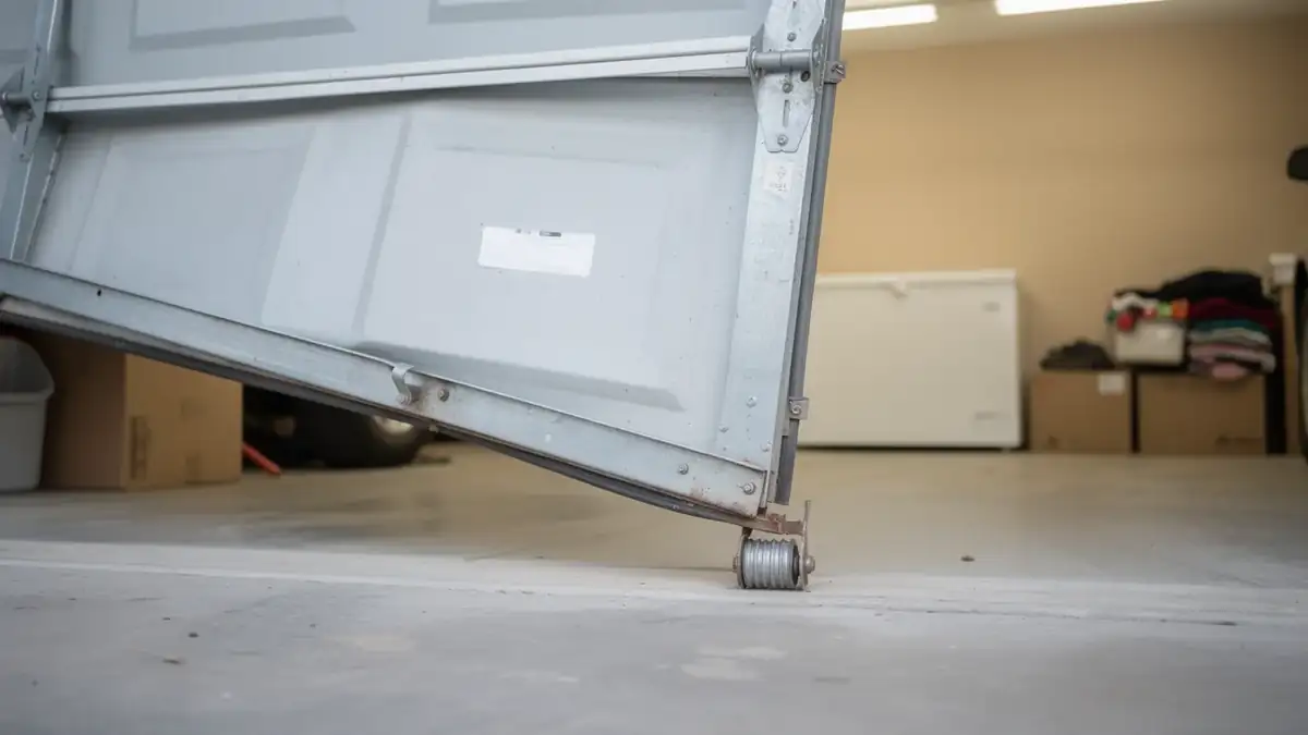 A garage door is off its track and resting on the concrete floor.