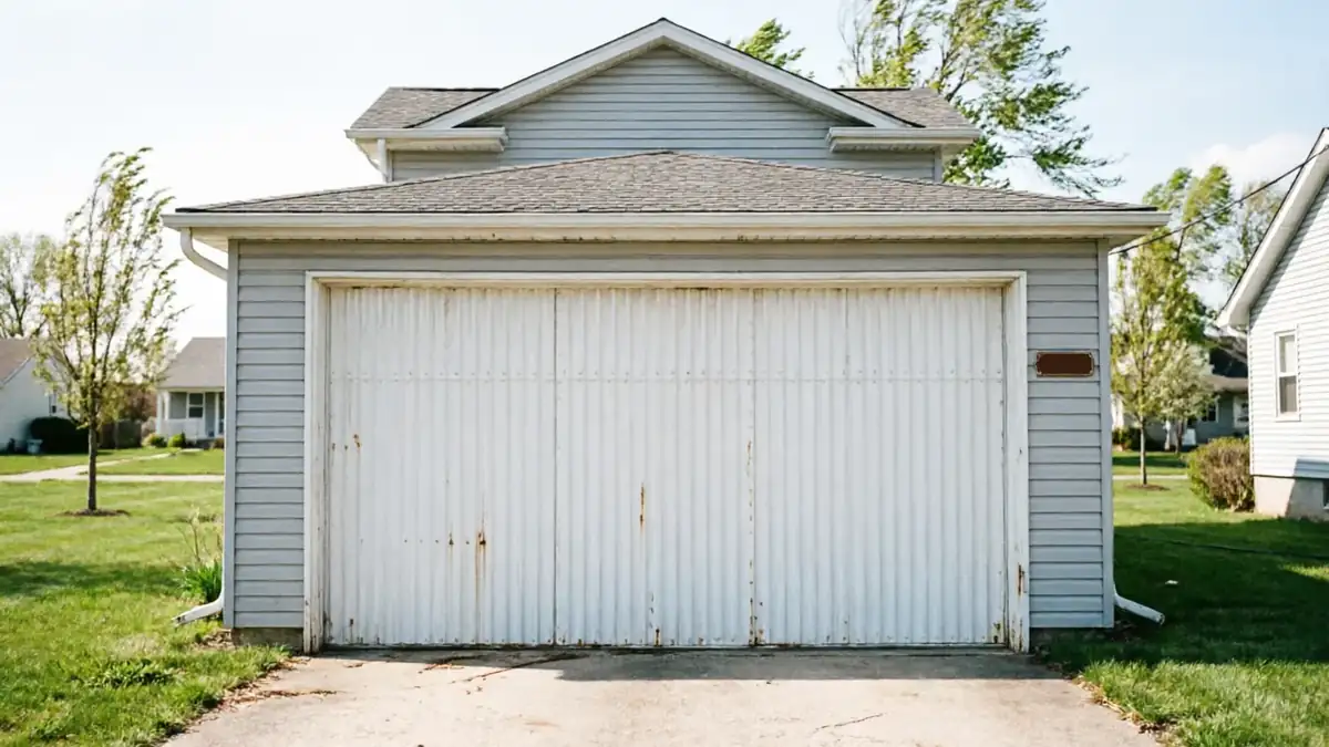 The white garage door has vertical panels and rust stains.